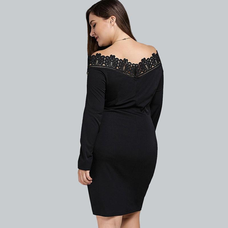 Black Crochet Floral Print Embroidered Off Shoulder Long Sleeve Plus Size Dress