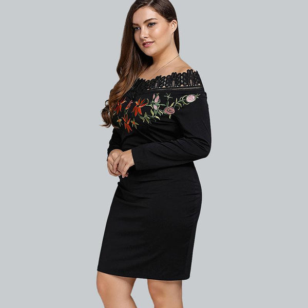 Black Crochet Floral Print Embroidered Off Shoulder Long Sleeve Plus Size Dress