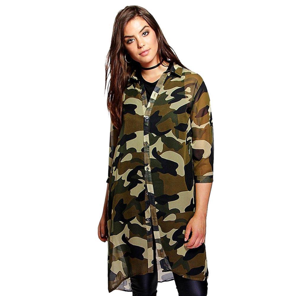 Plus Size Chiffon Camo Boyfriend Longline Top