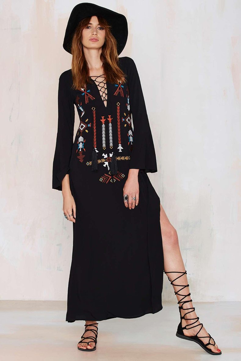 Bohemian Embroidered Lace V-Neck High Slit Maxi Dress - Jastie