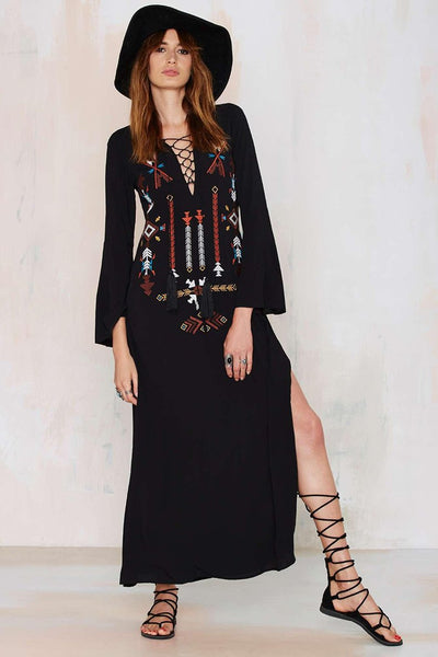 Bohemian Embroidered Lace V-Neck High Slit Maxi Dress - Jastie