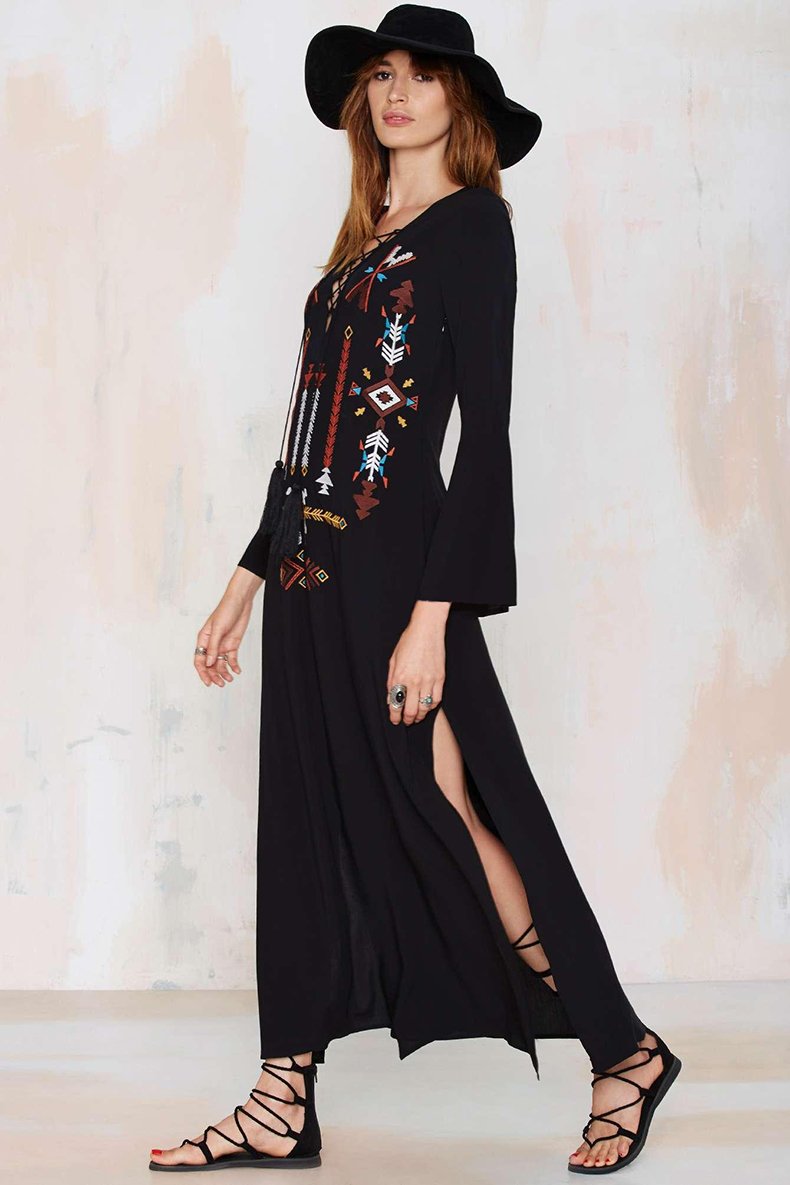 Bohemian Embroidered Lace V-Neck High Slit Maxi Dress - Jastie