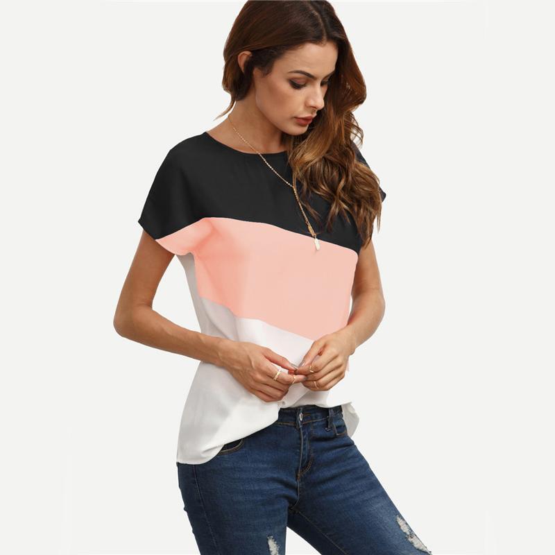 Pink Black & White Color Block Tee