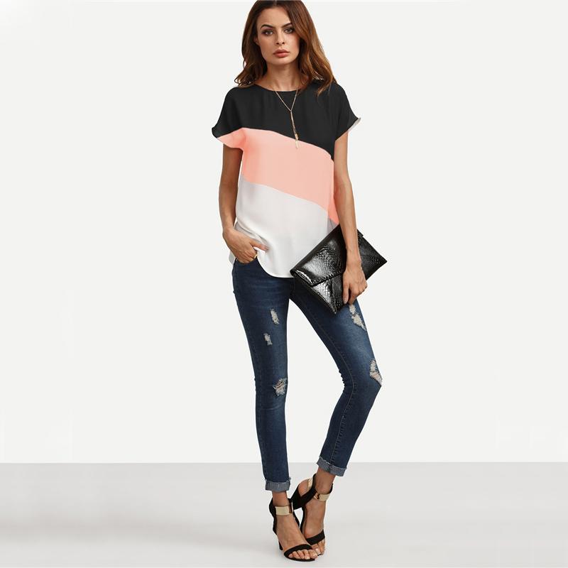 Pink Black & White Color Block Tee