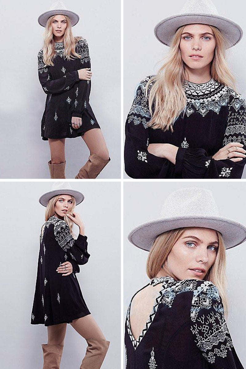Black Bohemian Embroidered Mini Dress With Upper Back Long Sleeved - Jastie