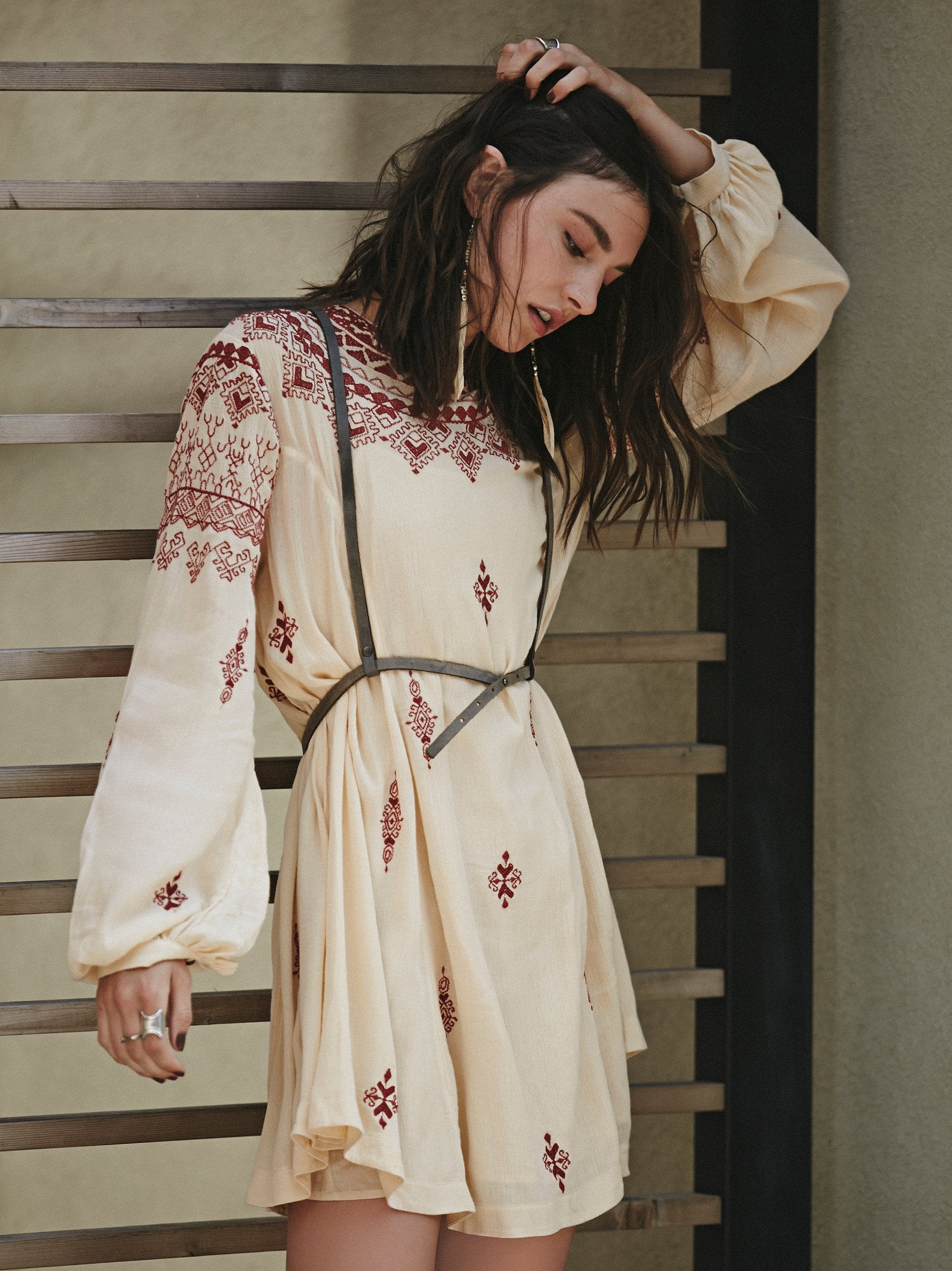 Bohemian Embroidered Mini Dress With Upper Back Long Sleeved - JASTIE
