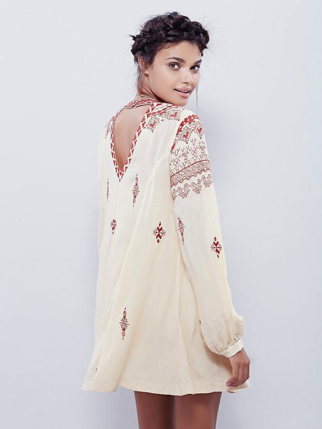 Beige Bohemian Embroidered Mini Dress With Upper Back Long Sleeved - Jastie