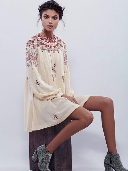 Beige Bohemian Embroidered Mini Dress With Upper Back Long Sleeved - Jastie