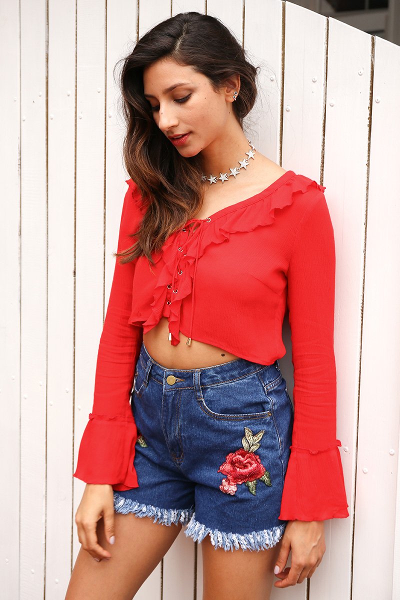 Flower Embroidery High Waist Tassel Fringe Denim Shorts
