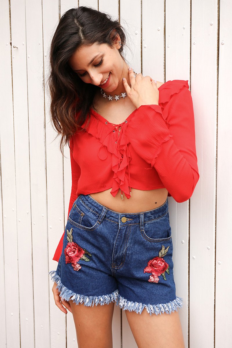 Flower Embroidery High Waist Tassel Fringe Denim Shorts