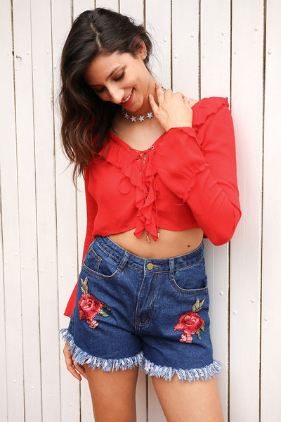 Flower Embroidery High Waist Tassel Fringe Denim Shorts