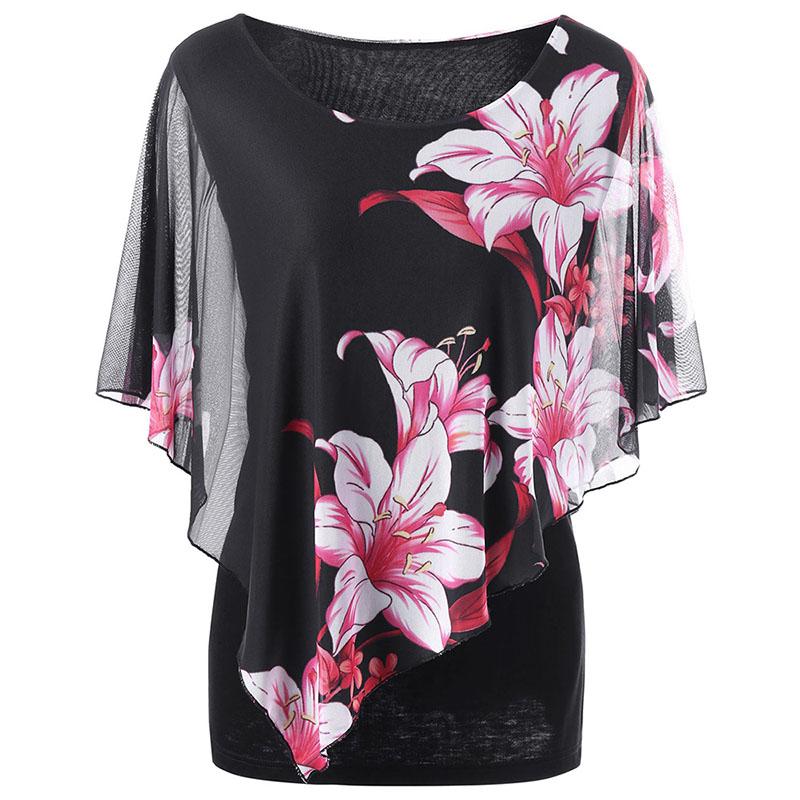 Plus Size Overlay Floral Print Chiffon Top