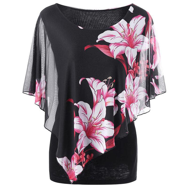 Plus Size Overlay Floral Print Chiffon Top