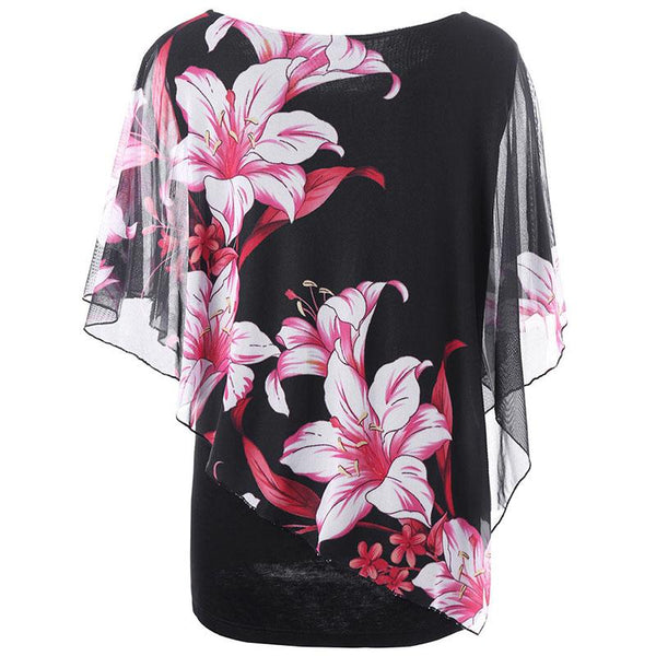 Plus Size Overlay Floral Print Chiffon Top