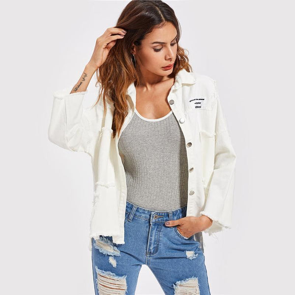 Patch Back Distressed Single Breasted Jean Jacket
