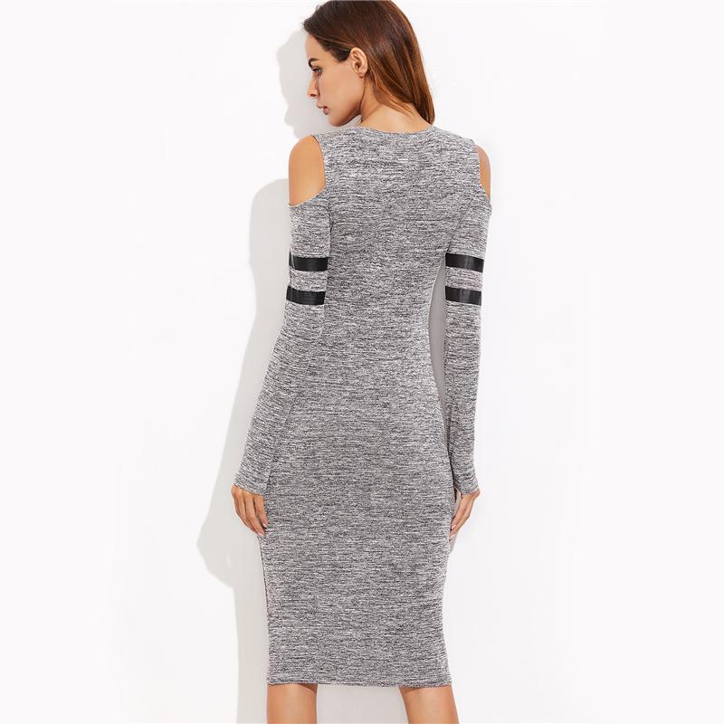 Gray Open Shoulder Knit Sheath Midi Dress