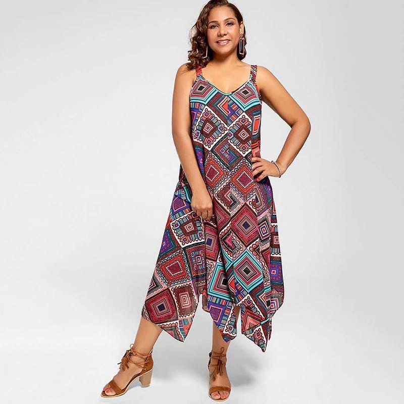 Plus Size Bohemian Geometric Print Spaghetti Strap A-Line Maxi Dress