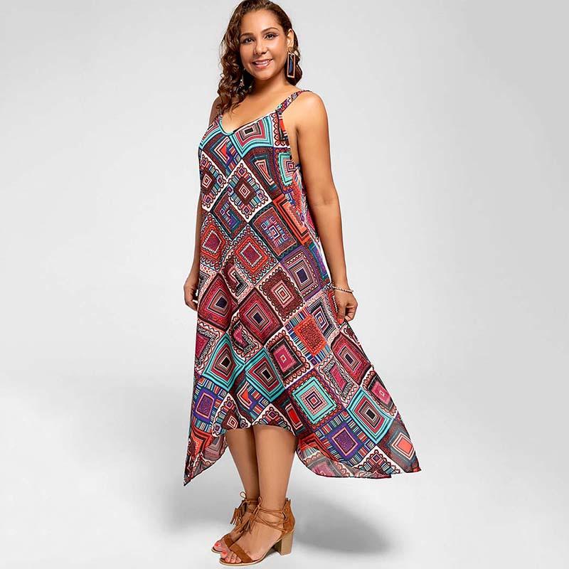 Plus Size Bohemian Geometric Print Spaghetti Strap A-Line Maxi Dress