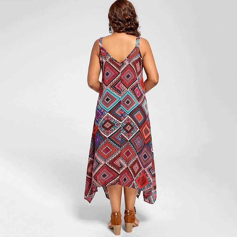 Plus Size Bohemian Geometric Print Spaghetti Strap A-Line Maxi Dress