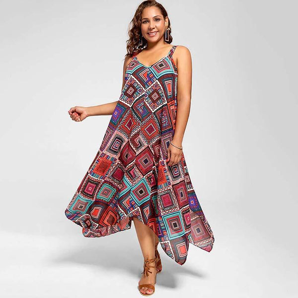 Plus Size Bohemian Geometric Print Spaghetti Strap A-Line Maxi Dress