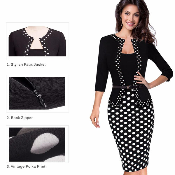 One-piece Faux Jacket Retro Black/White Polka Dot Dress