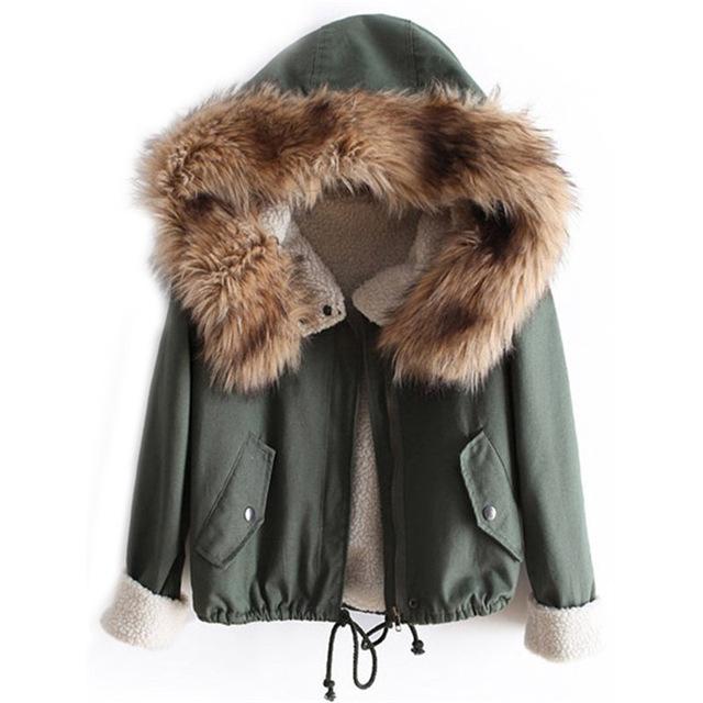 Faux Fur Green Casual Hooded Coat With Drawstring Waist