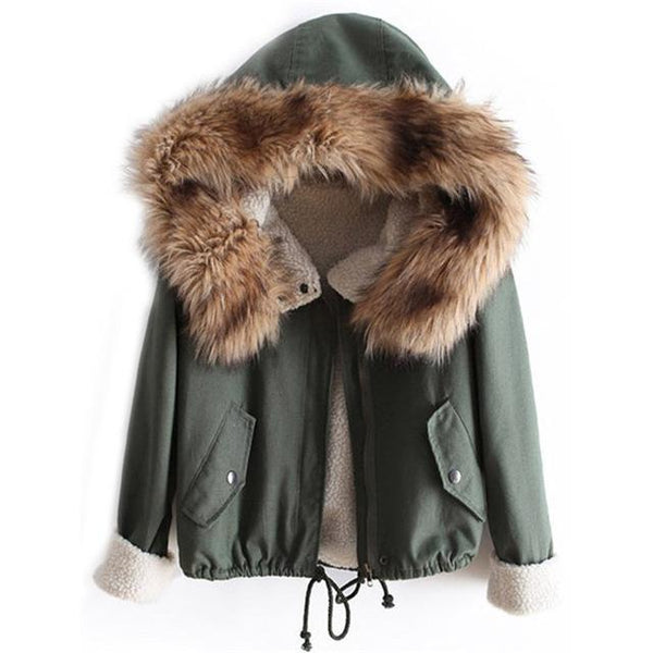 Faux Fur Green Casual Hooded Coat With Drawstring Waist