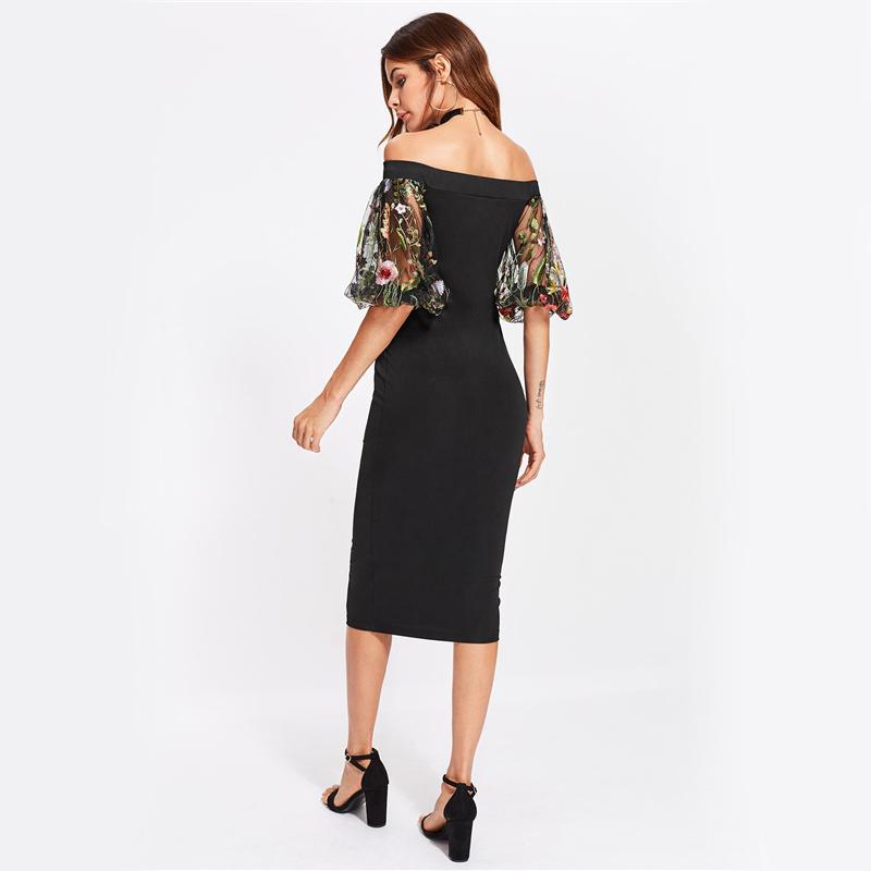 Black Off the Shoulder Embroidery Mesh Puff Sleeve Midi Dress
