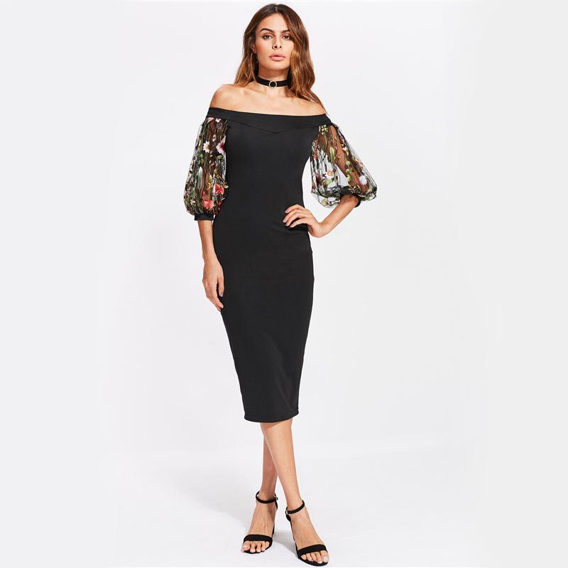 Black Off the Shoulder Embroidery Mesh Puff Sleeve Midi Dress