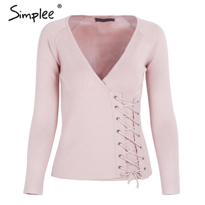 Solid Pink Causal Lace Up The Side V Neck Sweater