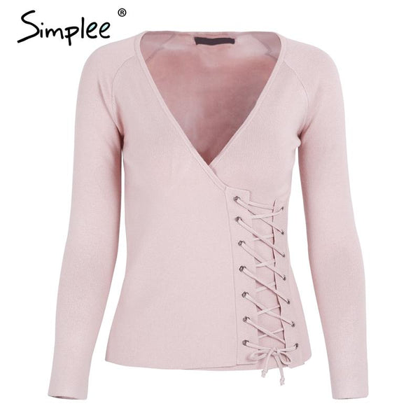 Solid Pink Causal Lace Up The Side V Neck Sweater