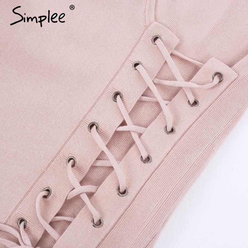 Solid Pink Causal Lace Up The Side V Neck Sweater