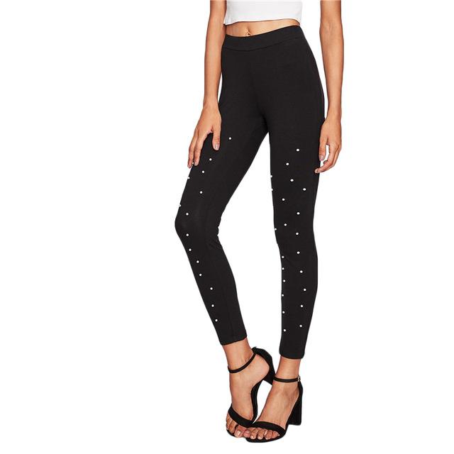 Pearl Beaded Black High Waisted Casual Leggings