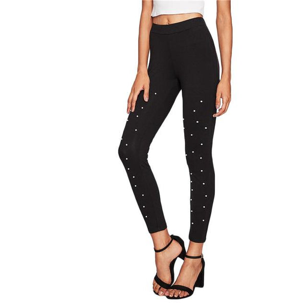 Pearl Beaded Black High Waisted Casual Leggings