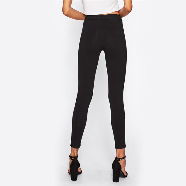 Pearl Beaded Black High Waisted Casual Leggings