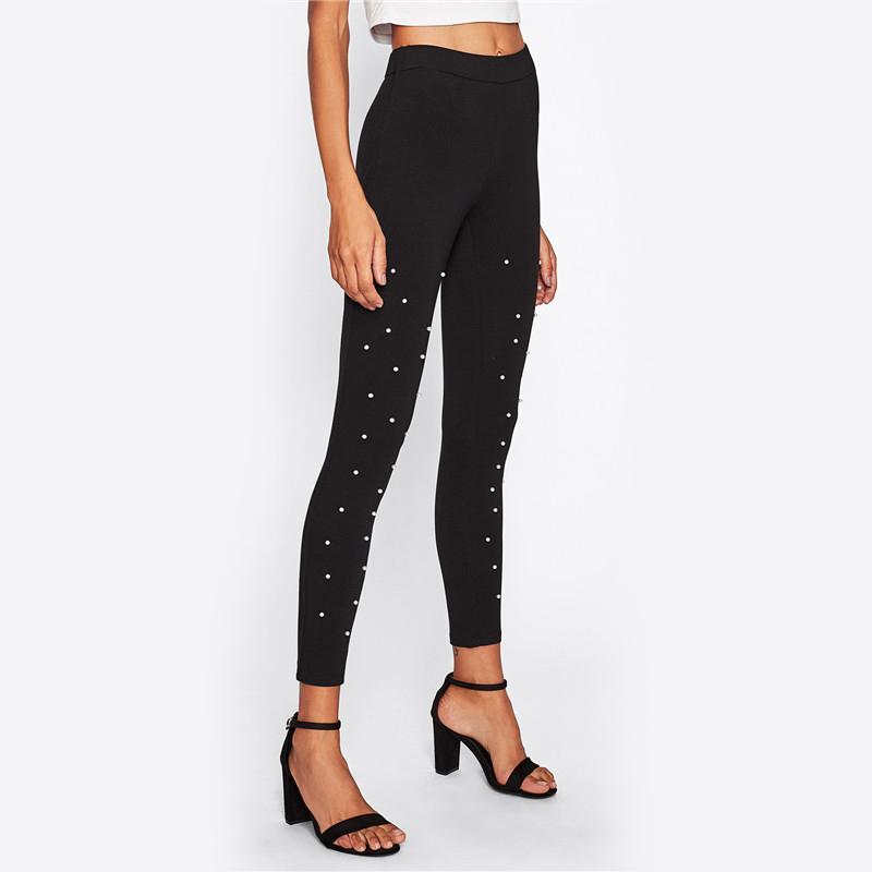 Pearl Beaded Black High Waisted Casual Leggings