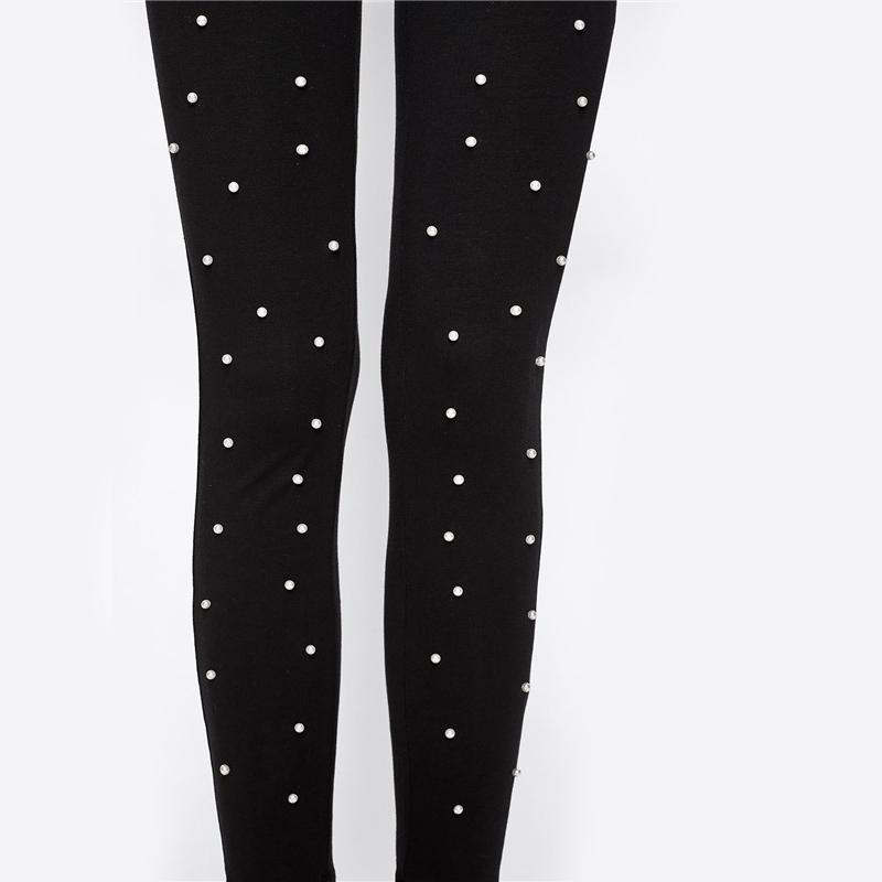 Pearl Beaded Black High Waisted Casual Leggings