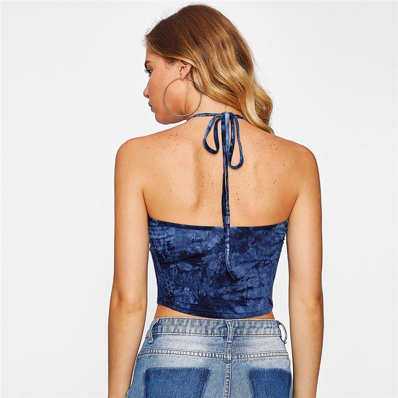 Blue Tie Dye Moon And Star Print Halter Neck Crop Top