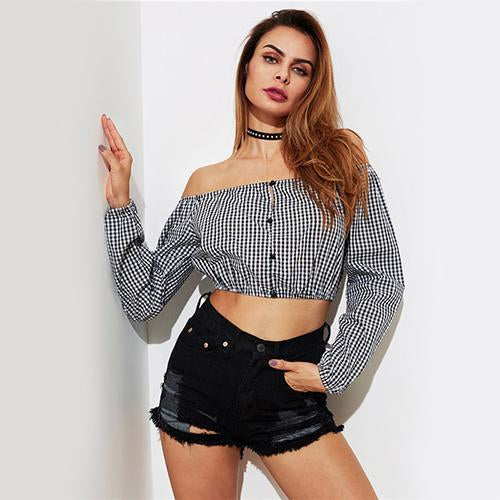 Gingham Long Sleeve Crop Top