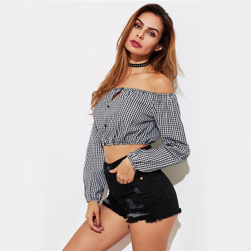 Gingham Long Sleeve Crop Top
