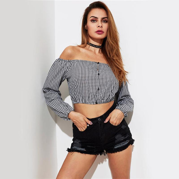 Gingham Long Sleeve Crop Top