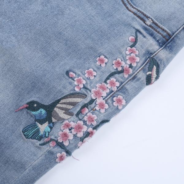 Bird Floral Embroidery Mid Waist Calf Length Jean
