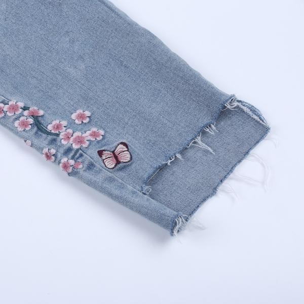 Bird Floral Embroidery Mid Waist Calf Length Jean