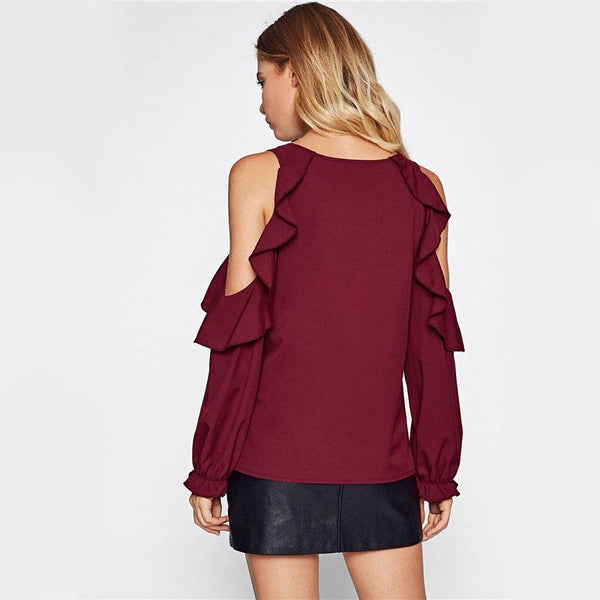 Burgundy Open Shoulder Ruffle Long Sleeve Top