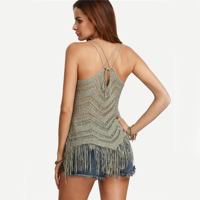 Army Green Fringe Hem Hollow Out Cami