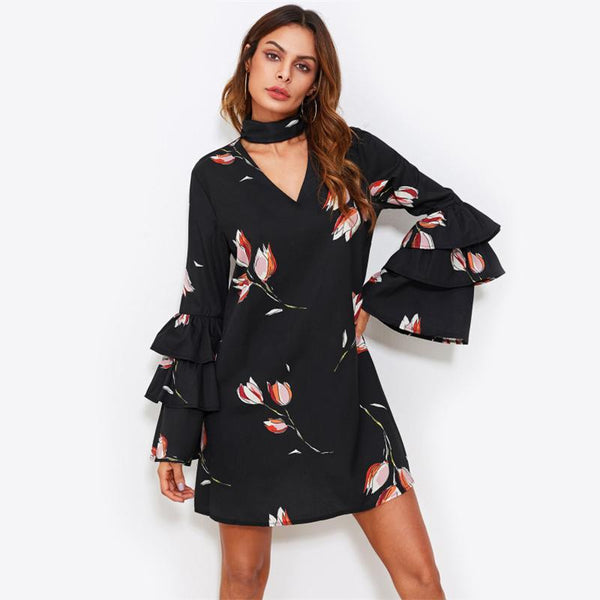 Black Floral Choker Neck Layered Flare Sleeve A Line Dress