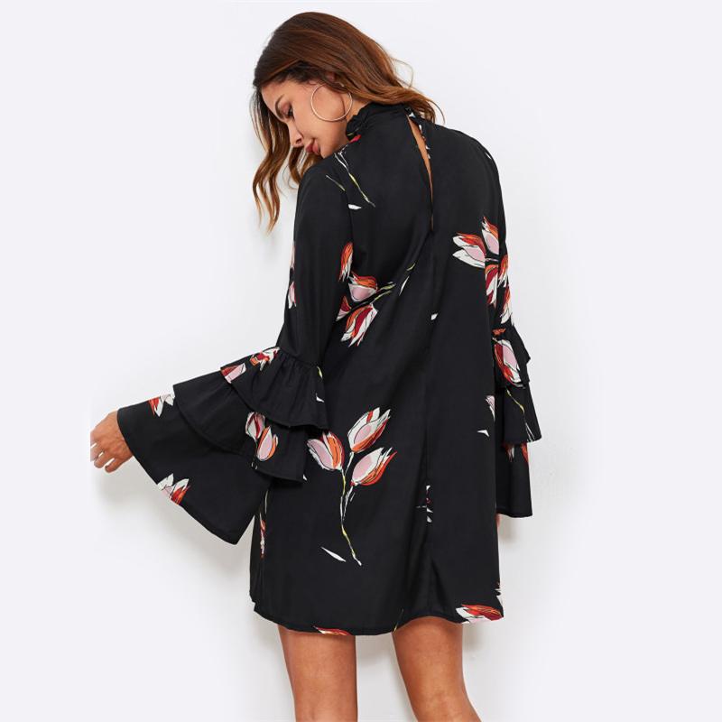 Black Floral Choker Neck Layered Flare Sleeve A Line Dress