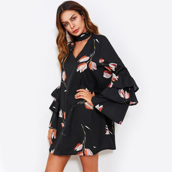 Black Floral Choker Neck Layered Flare Sleeve A Line Dress