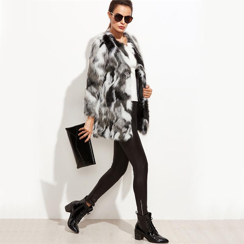 Faux Fur Multi Color Block Open Front Coat