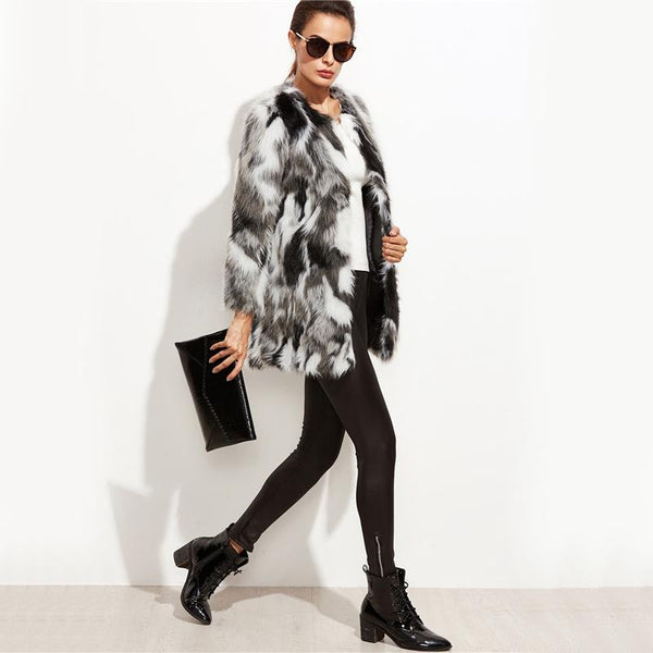 Faux Fur Multi Color Block Open Front Coat